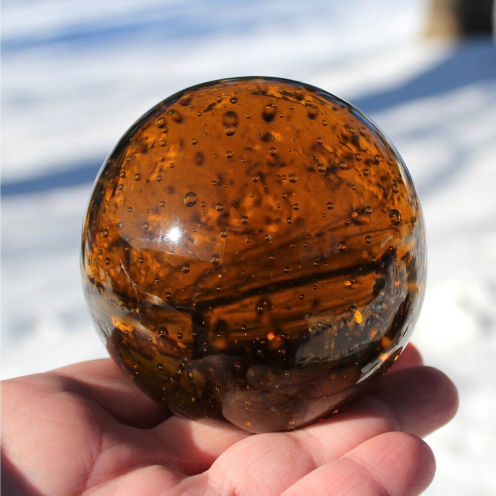 Art Glass Ball Paperweight brown amber bubbles 3.5"